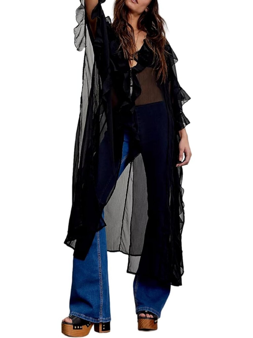 Sheer Frill Kimono Blouse with Ruffles, Flowing Half Sleeve Cardigan Top